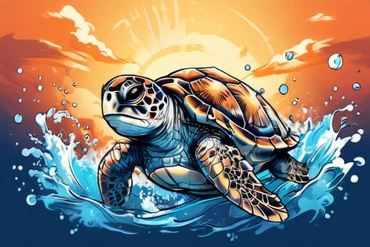 Serene turtle gracefully gliding through shimmering ocean waters, illuminated by warm hues of breathtaking sunset. For fashion, clothing design, animal themed clothing advertising, Tshirt, postcard