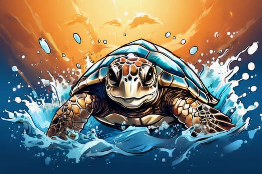 Serene turtle gracefully gliding through shimmering ocean waters, illuminated by warm hues of breathtaking sunset. For fashion, clothing design, animal themed clothing advertising, Tshirt, postcard