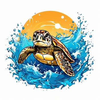 Serene turtle gracefully gliding through shimmering ocean waters, illuminated by warm hues of breathtaking sunset. For fashion, clothing design, animal themed clothing advertising, Tshirt, postcard