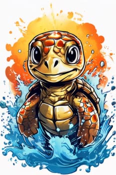 Serene turtle gracefully gliding through shimmering ocean waters, illuminated by warm hues of breathtaking sunset. For fashion, clothing design, animal themed clothing advertising, Tshirt, postcard