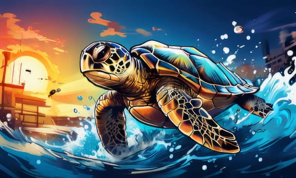 Serene turtle gracefully gliding through shimmering ocean waters, illuminated by warm hues of breathtaking sunset. For fashion, clothing design, animal themed clothing advertising, Tshirt, postcard