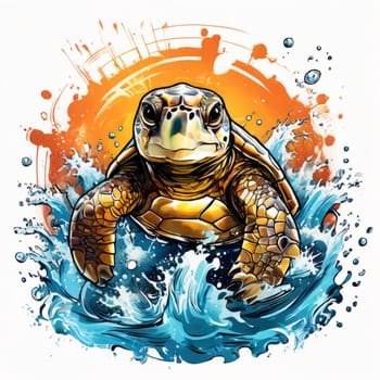 Serene turtle gracefully gliding through shimmering ocean waters, illuminated by warm hues of breathtaking sunset. For fashion, clothing design, animal themed clothing advertising, Tshirt, postcard