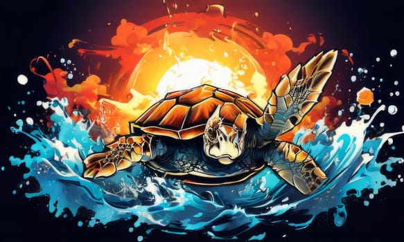 Serene turtle gracefully gliding through shimmering ocean waters, illuminated by warm hues of breathtaking sunset. For fashion, clothing design, animal themed clothing advertising, Tshirt, postcard