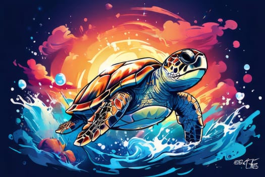 Serene turtle gracefully gliding through shimmering ocean waters, illuminated by warm hues of breathtaking sunset. For fashion, clothing design, animal themed clothing advertising, Tshirt, postcard