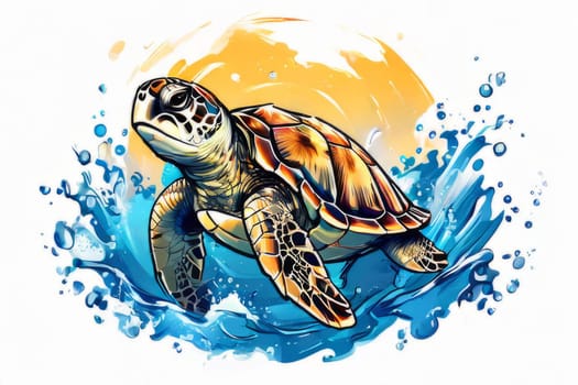 Serene turtle gracefully gliding through shimmering ocean waters, illuminated by warm hues of breathtaking sunset. For fashion, clothing design, animal themed clothing advertising, Tshirt, postcard