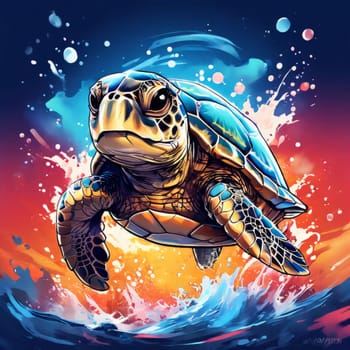 Serene turtle gracefully gliding through shimmering ocean waters, illuminated by warm hues of breathtaking sunset. For fashion, clothing design, animal themed clothing advertising, Tshirt, postcard
