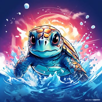 Serene turtle gracefully gliding through shimmering ocean waters, illuminated by warm hues of breathtaking sunset. For fashion, clothing design, animal themed clothing advertising, Tshirt, postcard