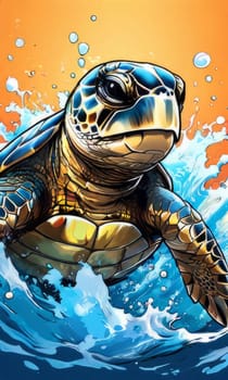 Serene turtle gracefully gliding through shimmering ocean waters, illuminated by warm hues of breathtaking sunset. For fashion, clothing design, animal themed clothing advertising, Tshirt, postcard