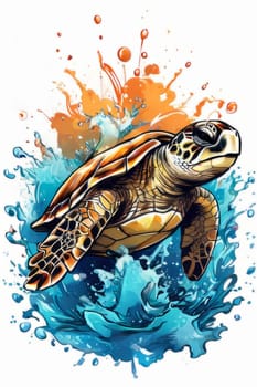 Serene turtle gracefully gliding through shimmering ocean waters, illuminated by warm hues of breathtaking sunset. For fashion, clothing design, animal themed clothing advertising, Tshirt, postcard