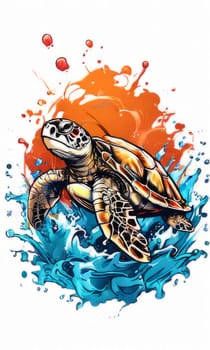 Serene turtle gracefully gliding through shimmering ocean waters, illuminated by warm hues of breathtaking sunset. For fashion, clothing design, animal themed clothing advertising, Tshirt, postcard