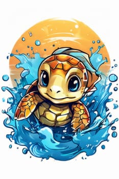 Serene turtle gracefully gliding through shimmering ocean waters, illuminated by warm hues of breathtaking sunset. For fashion, clothing design, animal themed clothing advertising, Tshirt, postcard