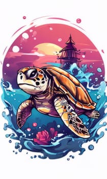 Serene turtle gracefully gliding through shimmering ocean waters, illuminated by warm hues of breathtaking sunset. For fashion, clothing design, animal themed clothing advertising, Tshirt, postcard