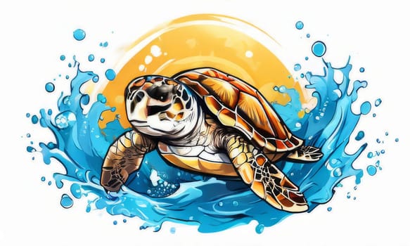 Serene turtle gracefully gliding through shimmering ocean waters, illuminated by warm hues of breathtaking sunset. For fashion, clothing design, animal themed clothing advertising, Tshirt, postcard