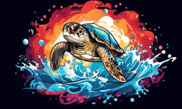 Serene turtle gracefully gliding through shimmering ocean waters, illuminated by warm hues of breathtaking sunset. For fashion, clothing design, animal themed clothing advertising, Tshirt, postcard