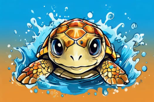 Serene turtle gracefully gliding through shimmering ocean waters, illuminated by warm hues of breathtaking sunset. For fashion, clothing design, animal themed clothing advertising, Tshirt, postcard