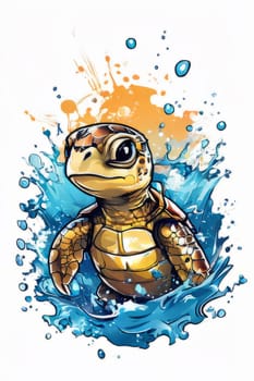 Serene turtle gracefully gliding through shimmering ocean waters, illuminated by warm hues of breathtaking sunset. For fashion, clothing design, animal themed clothing advertising, Tshirt, postcard