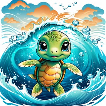 Serene turtle gracefully gliding through shimmering ocean waters, illuminated by warm hues of breathtaking sunset. For fashion, clothing design, animal themed clothing advertising, Tshirt, postcard