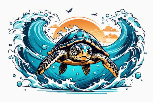 Serene turtle gracefully gliding through shimmering ocean waters, illuminated by warm hues of breathtaking sunset. For fashion, clothing design, animal themed clothing advertising, Tshirt, postcard