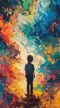 Boy admiring vibrant painting with orange hues under a blue sky. High quality illustration