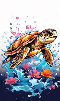 Majestic sea turtle gracefully swimming in ocean depths, surrounded by tranquil beauty of delicate lotus flower. For Tshirt design, posters, postcards, merchandise with marine theme, childrens books