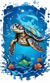 Majestic sea turtle gracefully swimming in ocean depths, surrounded by tranquil beauty of delicate lotus flower. For Tshirt design, posters, postcards, merchandise with marine theme, childrens books