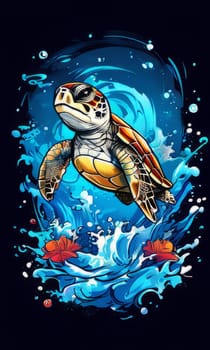 Majestic sea turtle gracefully swimming in ocean depths, surrounded by tranquil beauty of delicate lotus flower. For Tshirt design, posters, postcards, merchandise with marine theme, childrens books