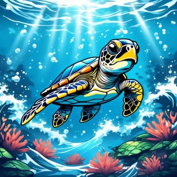 Majestic sea turtle gracefully swimming in ocean depths, surrounded by tranquil beauty of delicate lotus flower. For Tshirt design, posters, postcards, merchandise with marine theme, childrens books