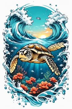 Majestic sea turtle gracefully swimming in ocean depths, surrounded by tranquil beauty of delicate lotus flower. For Tshirt design, posters, postcards, merchandise with marine theme, childrens books