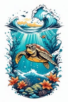 Majestic sea turtle gracefully swimming in ocean depths, surrounded by tranquil beauty of delicate lotus flower. For Tshirt design, posters, postcards, merchandise with marine theme, childrens books