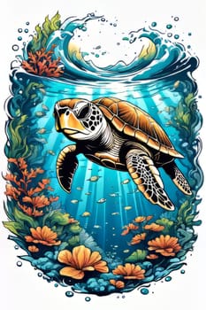 Majestic sea turtle gracefully swimming in ocean depths, surrounded by tranquil beauty of delicate lotus flower. For Tshirt design, posters, postcards, merchandise with marine theme, childrens books