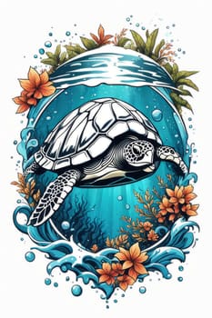 Majestic sea turtle gracefully swimming in ocean depths, surrounded by tranquil beauty of delicate lotus flower. For Tshirt design, posters, postcards, merchandise with marine theme, childrens books