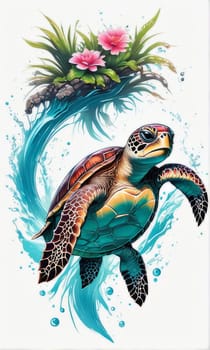 Majestic sea turtle gracefully swimming in ocean depths, surrounded by tranquil beauty of delicate lotus flower. For Tshirt design, posters, postcards, merchandise with marine theme, childrens books