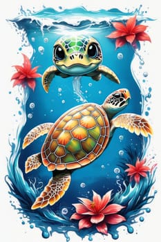 Majestic sea turtle gracefully swimming in ocean depths, surrounded by tranquil beauty of delicate lotus flower. For Tshirt design, posters, postcards, merchandise with marine theme, childrens books