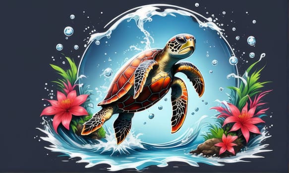 Majestic sea turtle gracefully swimming in ocean depths, surrounded by tranquil beauty of delicate lotus flower. For Tshirt design, posters, postcards, merchandise with marine theme, childrens books