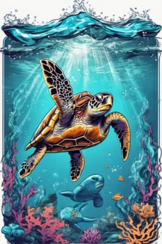 Majestic sea turtle gracefully swimming in ocean depths, surrounded by tranquil beauty of delicate lotus flower. For Tshirt design, posters, postcards, merchandise with marine theme, childrens books