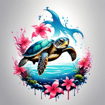 Majestic sea turtle gracefully swimming in ocean depths, surrounded by tranquil beauty of delicate lotus flower. For Tshirt design, posters, postcards, merchandise with marine theme, childrens books