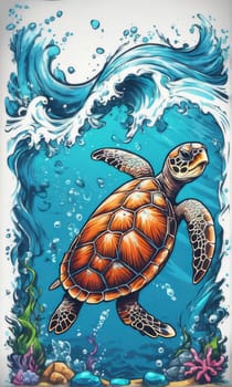 Majestic sea turtle gracefully swimming in ocean depths, surrounded by tranquil beauty of delicate lotus flower. For Tshirt design, posters, postcards, merchandise with marine theme, childrens books