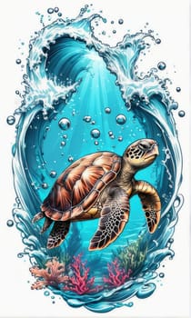 Majestic sea turtle gracefully swimming in ocean depths, surrounded by tranquil beauty of delicate lotus flower. For Tshirt design, posters, postcards, merchandise with marine theme, childrens books