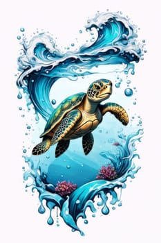 Majestic sea turtle gracefully swimming in ocean depths, surrounded by tranquil beauty of delicate lotus flower. For Tshirt design, posters, postcards, merchandise with marine theme, childrens books