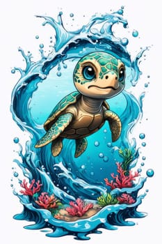 Majestic sea turtle gracefully swimming in ocean depths, surrounded by tranquil beauty of delicate lotus flower. For Tshirt design, posters, postcards, merchandise with marine theme, childrens books