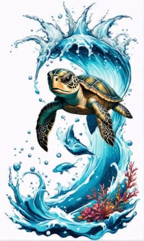 Majestic sea turtle gracefully swimming in ocean depths, surrounded by tranquil beauty of delicate lotus flower. For Tshirt design, posters, postcards, merchandise with marine theme, childrens books