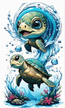 Majestic sea turtle gracefully swimming in ocean depths, surrounded by tranquil beauty of delicate lotus flower. For Tshirt design, posters, postcards, merchandise with marine theme, childrens books