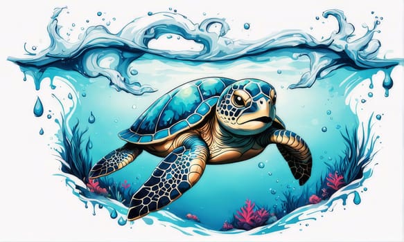 Majestic sea turtle gracefully swimming in ocean depths, surrounded by tranquil beauty of delicate lotus flower. For Tshirt design, posters, postcards, merchandise with marine theme, childrens books