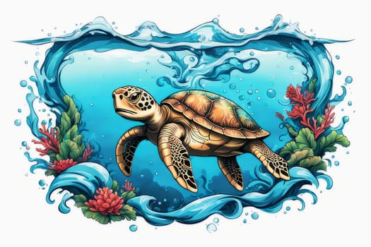 Majestic sea turtle gracefully swimming in ocean depths, surrounded by tranquil beauty of delicate lotus flower. For Tshirt design, posters, postcards, merchandise with marine theme, childrens books