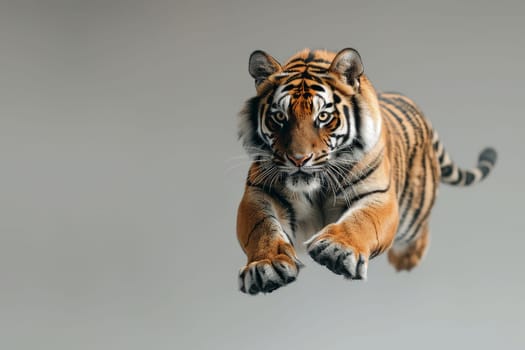 A tiger is leaping through the air, levitation tiger.