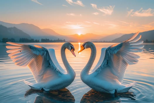 Two swans on the lake with sunset Nature Landscape Scenery.