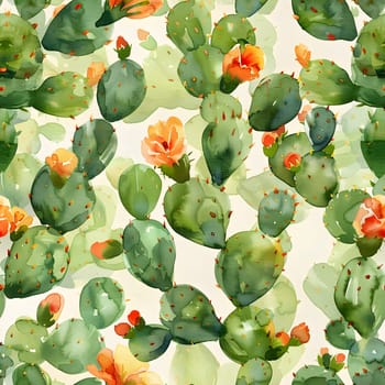 A beautiful seamless pattern featuring a mix of cactus and flower elements on a white background. The detailed painting showcases an artistic blend of plant, leaf, petal, and flowering plant motifs