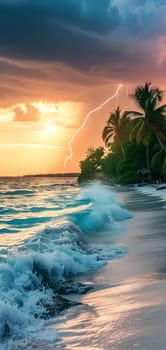 tropical beach view at cloudy stormy sunset with white sand, turquoise water and palm trees. Neural network generated image. Not based on any actual scene or pattern.