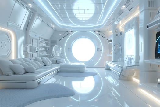 futuristic clean white space station style interior of living room. Neural network generated image. Not based on any actual scene or pattern.