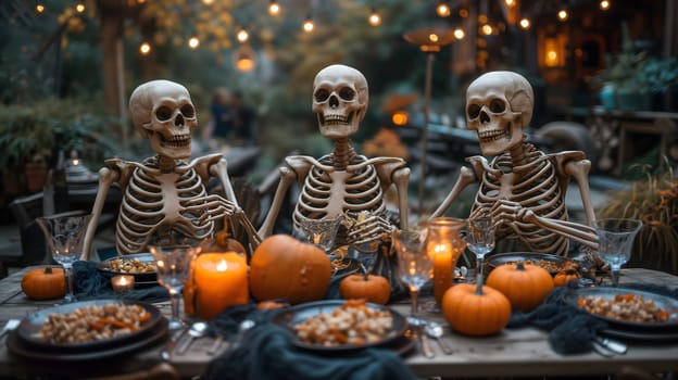 Skeletons sitting at the table and having a Halloween party. Neural network generated image. Not based on any actual scene or pattern.